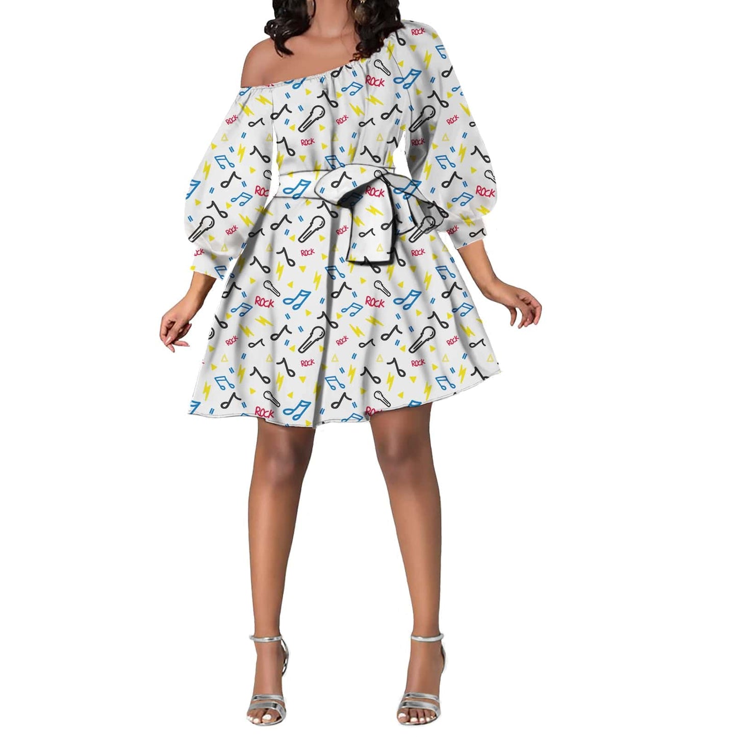 short dress Music Note Pattern One-Shoulder A-Line Mini Dress – Tie Waist Long Sleeve Club & Party Dress