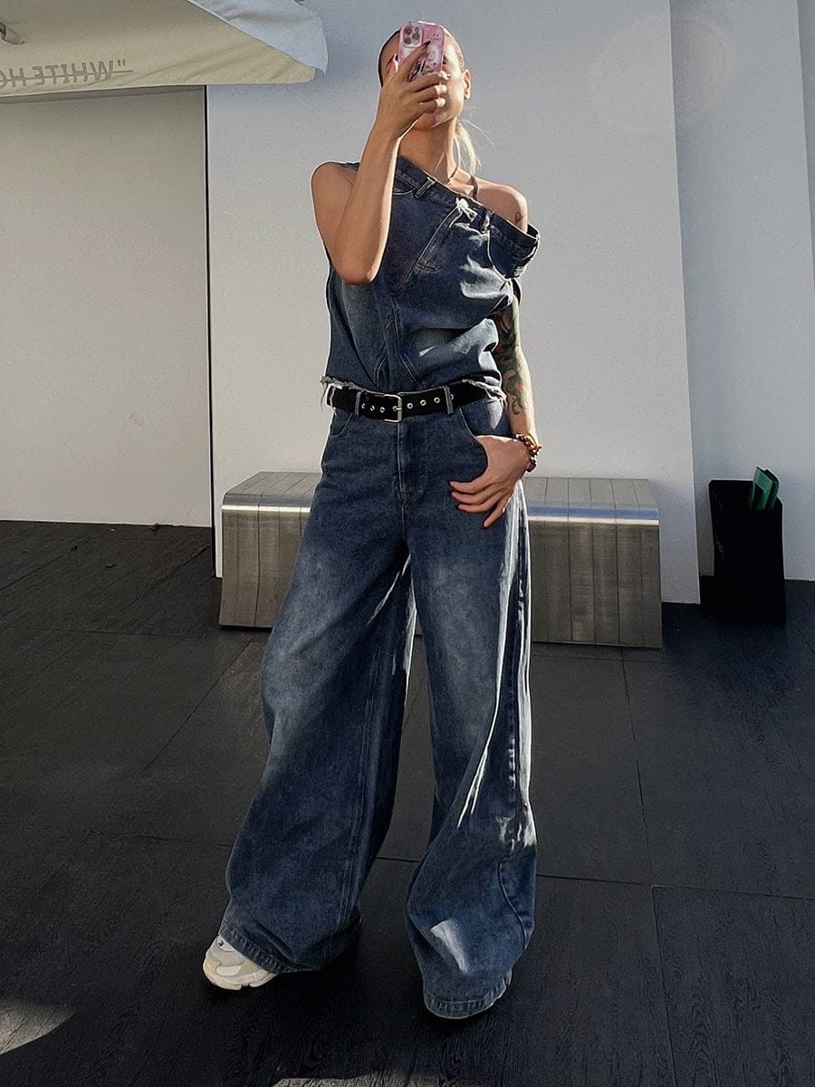 Show Personality Design Loose Pants Women's Clothing 2023 New Irregular Tops High Waist Casual Denim Suit Belt Two Piece Set
