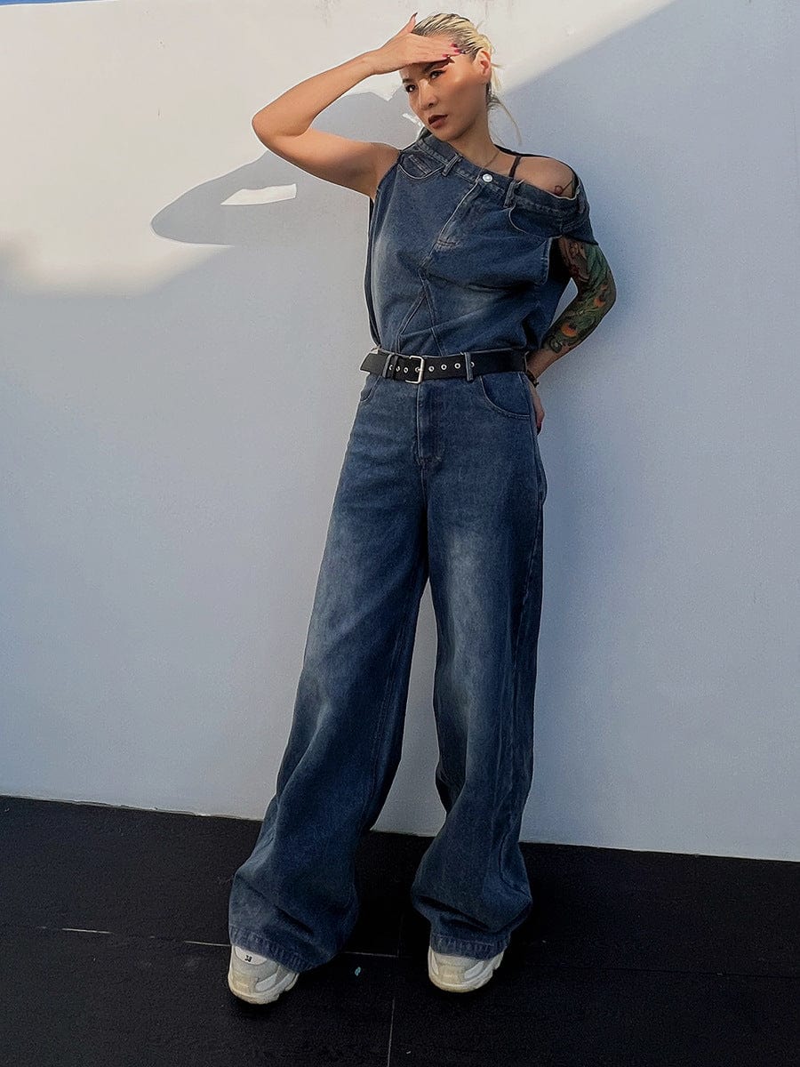 Show Personality Design Loose Pants Women's Clothing 2023 New Irregular Tops High Waist Casual Denim Suit Belt Two Piece Set