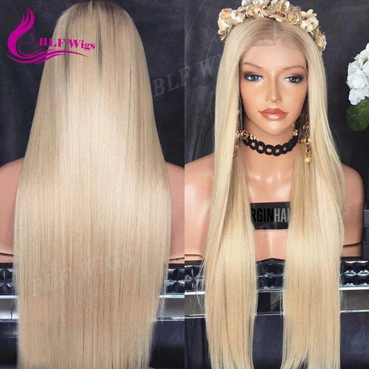 Silk Straight Long Blonde Human Hair Wig, Asian Women Hair Wig, Natural Hair Full Lace Wig for White Women
