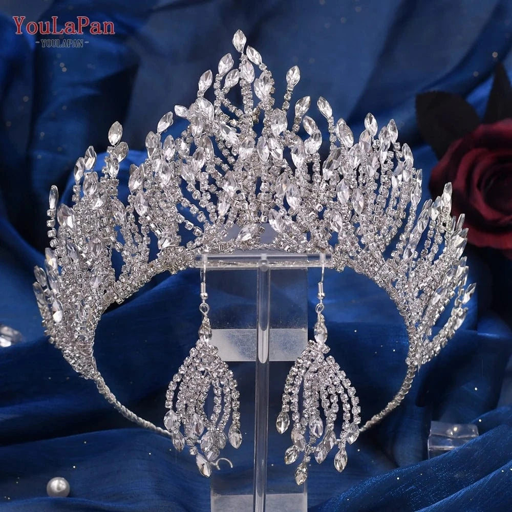 Silver (1 Crown+1 Earring) YouLaPan HP374 Luxurious Shiny Rhinestone Headband Earring Set Wedding Accessories Women Pageant Crown Bridal Tiara
