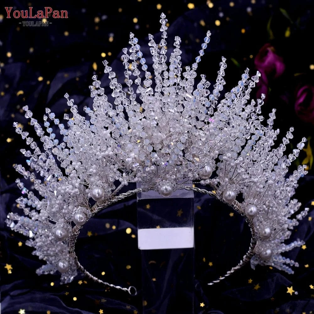 Silver-1 Crown Youlapan HP399 Luxurious Handmade Hair Accessories Full Crystal Beads Large Crown Earrings Set Wedding Pageant Bridal Headbands