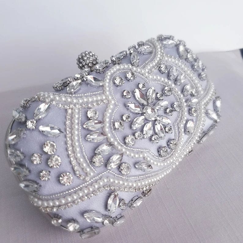 Silver Crystal Pearl Beaded Bridal Wedding Clutch| Wedding Crystal Clutch| Bridal Clutch Bag