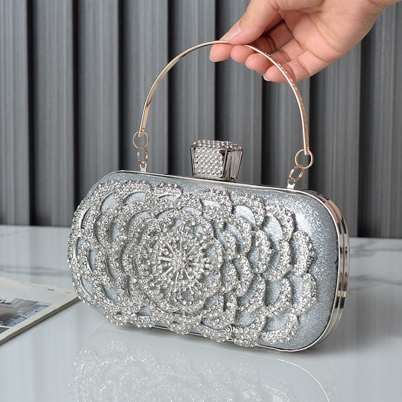silver Custom Trendy Style Luxury Pearl Round flower sequins Clutch Diamond Chain white for Party crystal Evening Bags