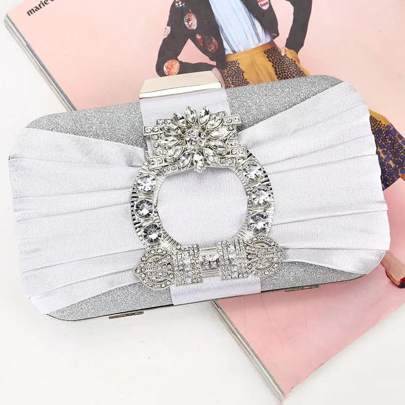 silver Factory direct wholesale new design gem rhinestone evening bag pleated satin fabric elegant clutches for wedding party banquet
