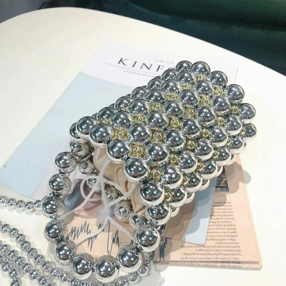 Silver Peals Beaded Handbags Handmade Lady Purse Beading Women Portable Mini Tote Beach Bag Luxury Brand Shoulder Crossbody bags
