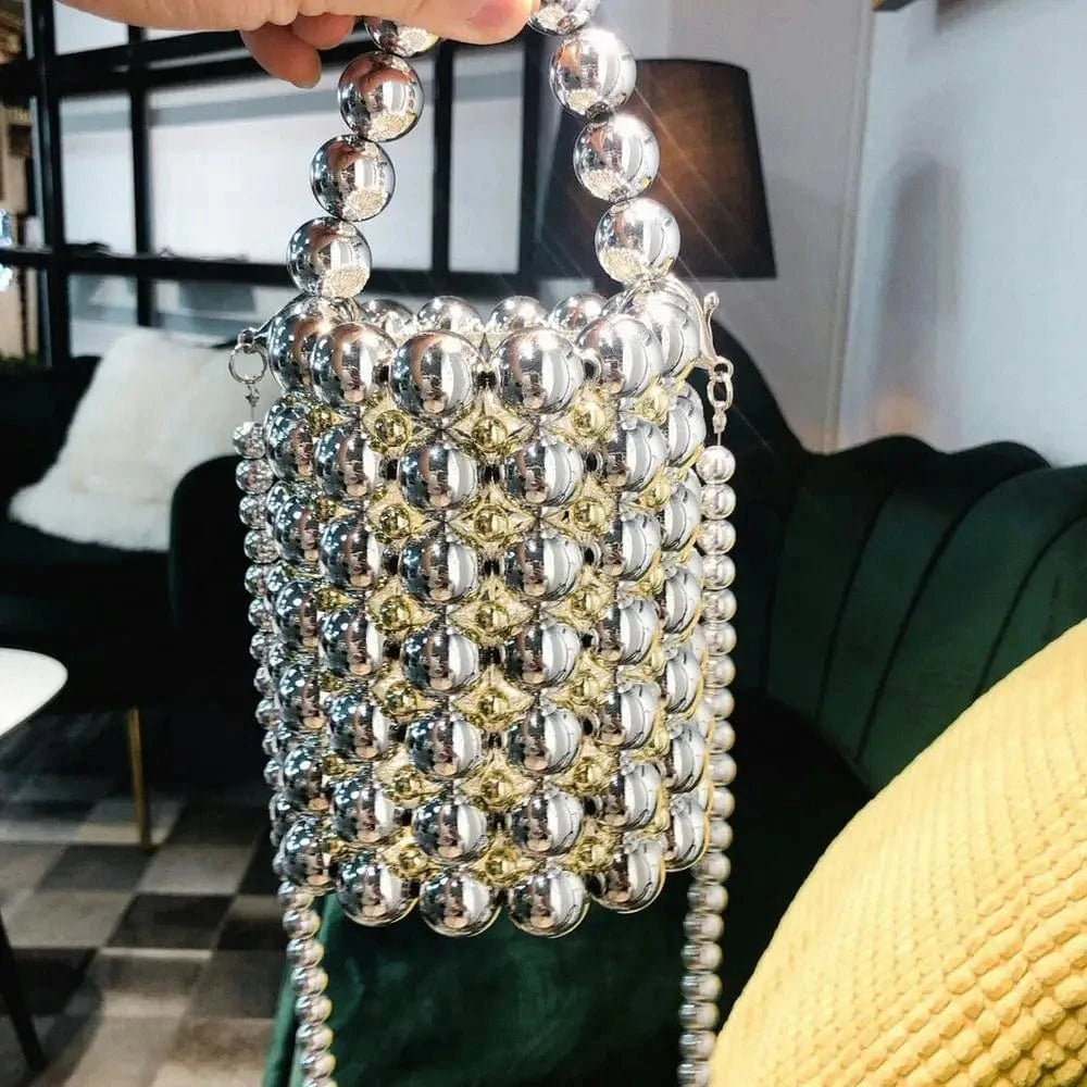 Silver Peals Beaded Handbags Handmade Lady Purse Beading Women Portable Mini Tote Beach Bag Luxury Brand Shoulder Crossbody bags