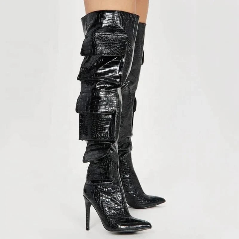 Silver Prints Women's Over Knee High Thin Heels Size 44 Pockets Boots Pointed Toe Camouflage Shoes Stiletto Denim Long Booties