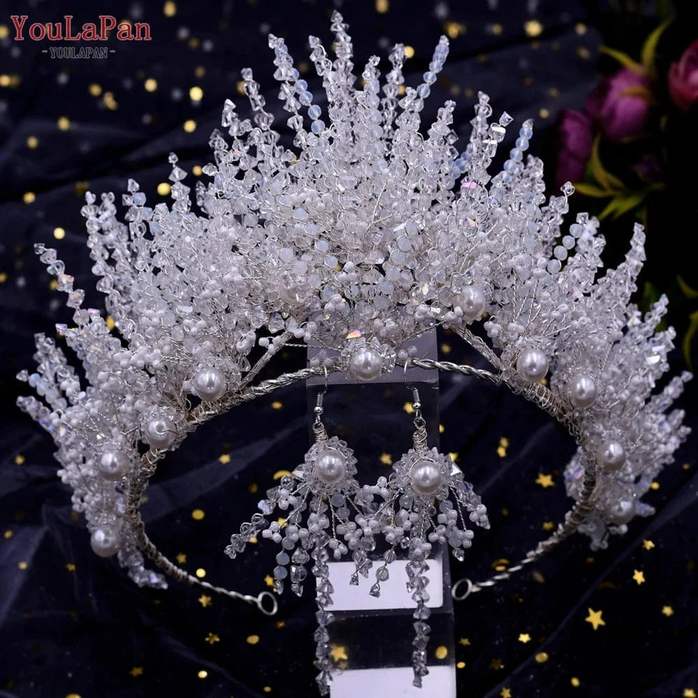 Silver set-1Crown+1earring Youlapan HP399 Luxurious Handmade Hair Accessories Full Crystal Beads Large Crown Earrings Set Wedding Pageant Bridal Headbands