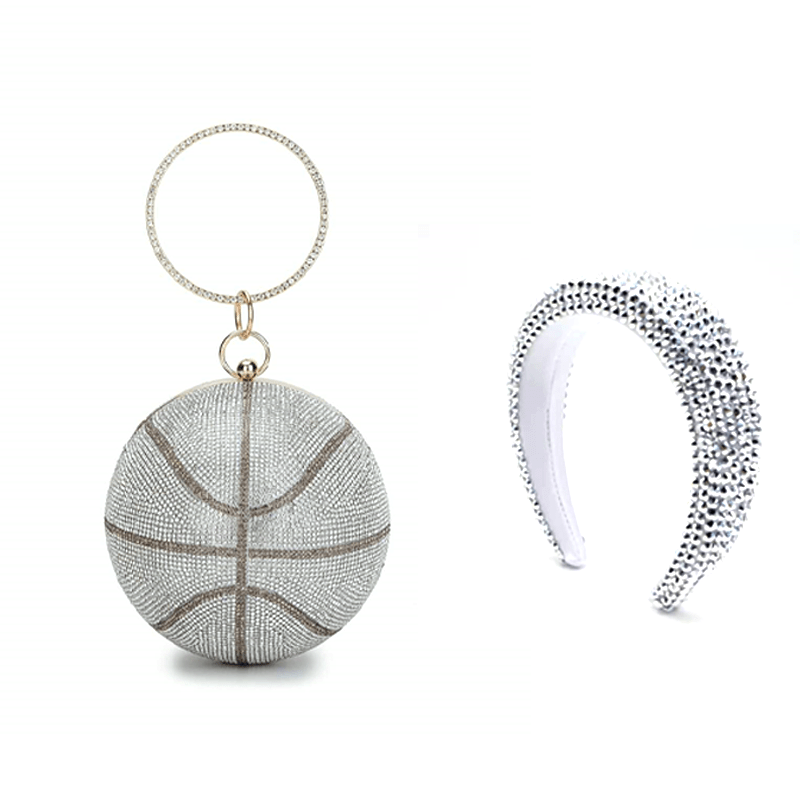 Silver set Bling evening basketball clutch purse set ladies shoulder bags women handbags ladies luxury with matching rhinestone headbands