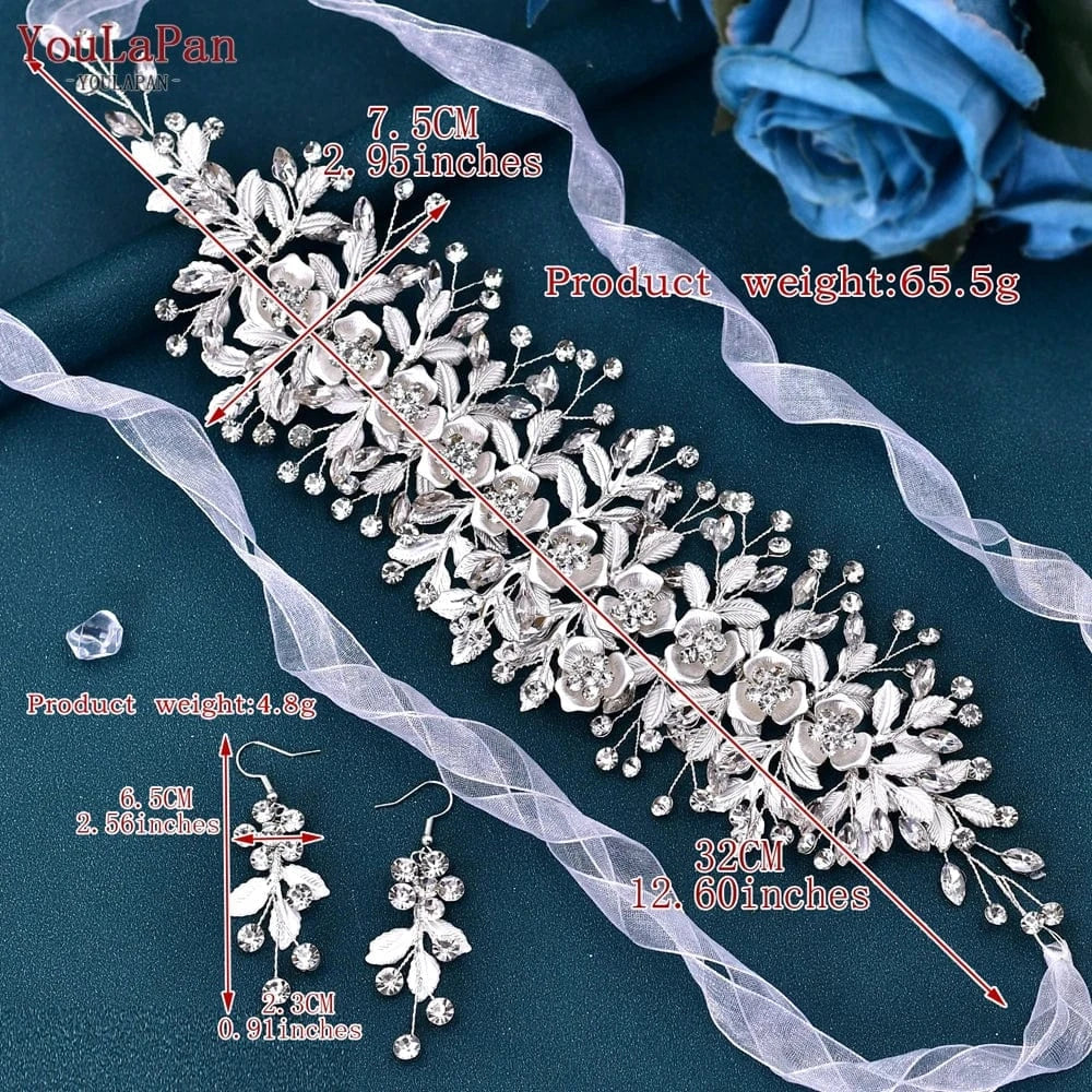 Silver-set YouLaPan HP349 Stage Styling Woman Headwear Bridal Silver Hair Piece Earrings Set Alloy Flower Wedding Headband