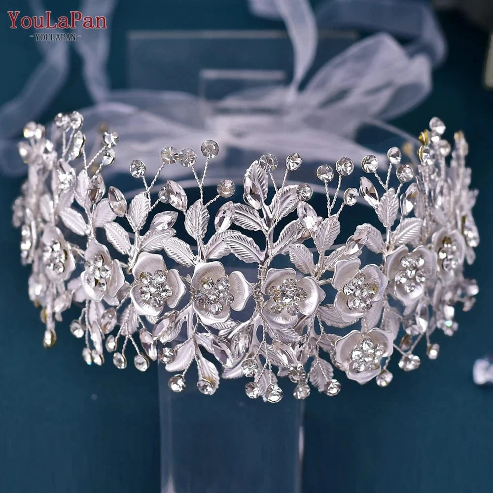 Silver-set YouLaPan HP349 Stage Styling Woman Headwear Bridal Silver Hair Piece Earrings Set Alloy Flower Wedding Headband