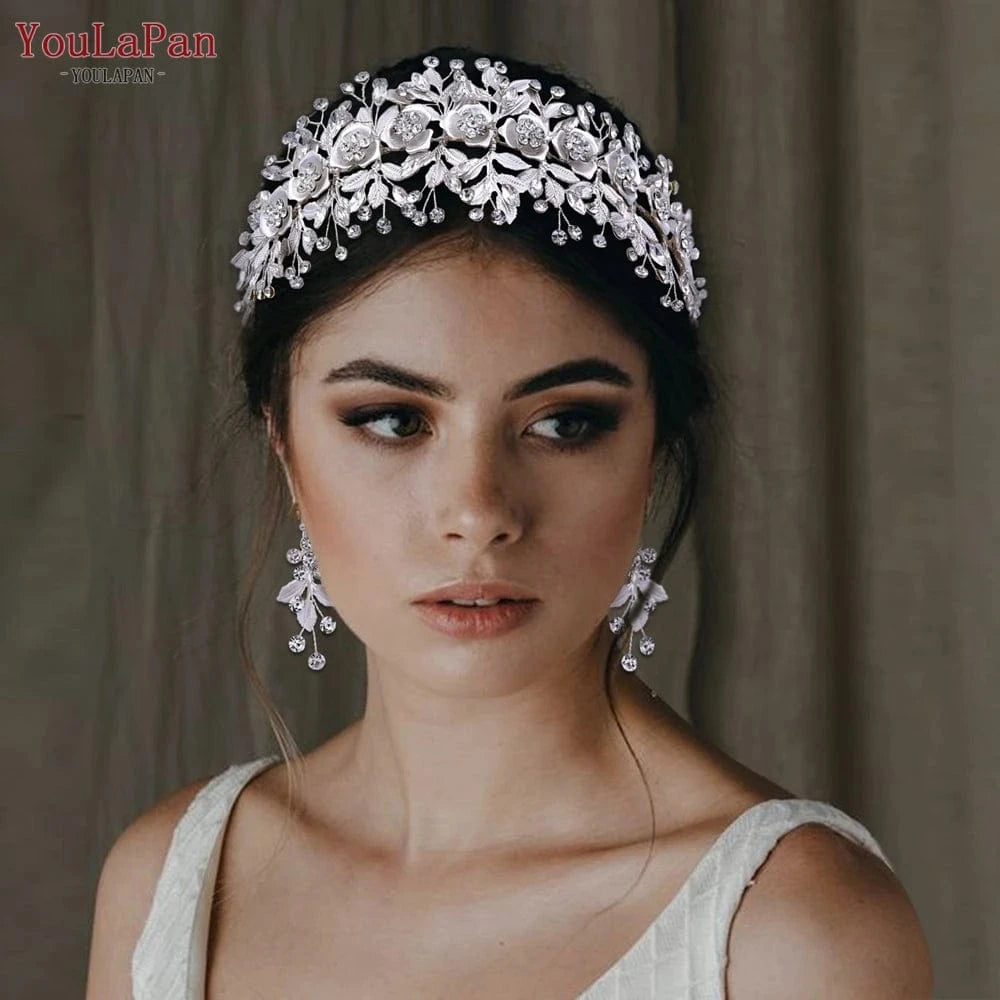 Silver-set YouLaPan HP349 Stage Styling Woman Headwear Bridal Silver Hair Piece Earrings Set Alloy Flower Wedding Headband