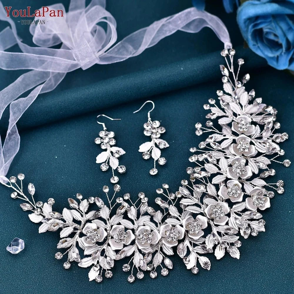 Silver-set YouLaPan HP349 Stage Styling Woman Headwear Bridal Silver Hair Piece Earrings Set Alloy Flower Wedding Headband