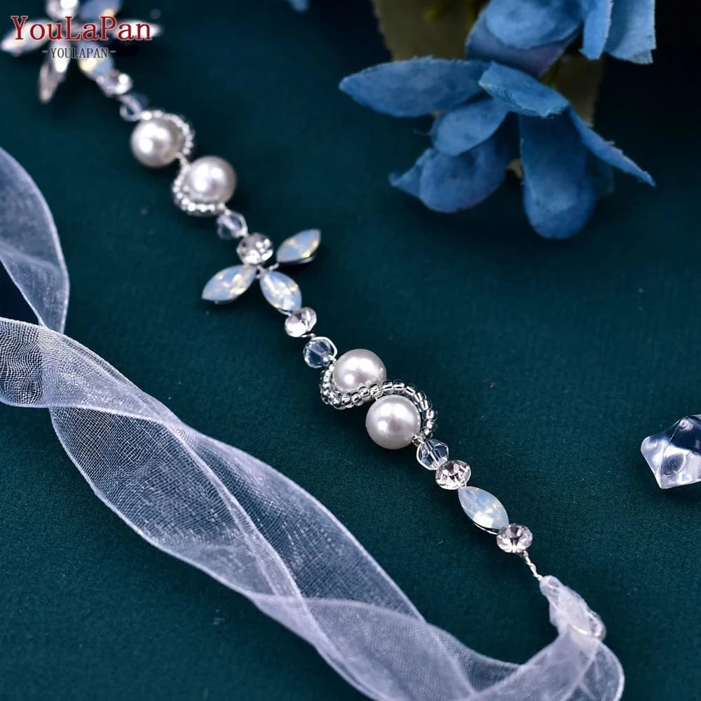 silver YouLaPan HP132 Handmade Rhinestone Pearl Chain Hair Accessories Women Party Wedding Hair Vine Bride Bridesmaid Headwear Headband