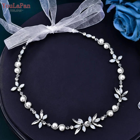 silver YouLaPan HP132 Handmade Rhinestone Pearl Chain Hair Accessories Women Party Wedding Hair Vine Bride Bridesmaid Headwear Headband