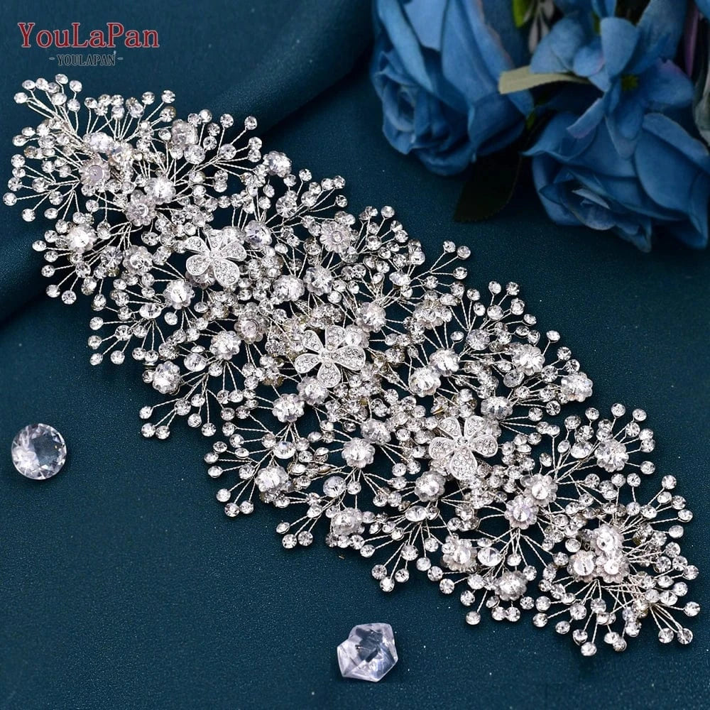 Silver YouLaPan HP240 Luxury Women Alloy Flower Headpiece Handmade Gold Rhinestones Floral Headband Wedding Bridal Hair Accessories