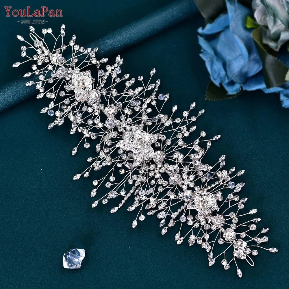 Silver YouLaPan HP286 Charming Alloy Flower Party Headwear Rhinestone Wedding Hair Accessories Bridal Headband Hair Piece