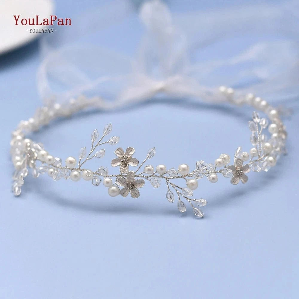 Silver YouLaPan HP347 Sweet Girl Hair Chain Alloy Flower Pearl Crystal Hair Vine with Long Ribbon Party Wedding Bridesmaid Headwear