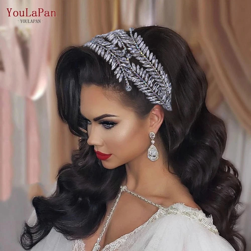 Silver Youlapan HP419 Special Design Women Hair Accessories Shiny Silver Color Rhinestone Feather Shape Headband Wedding Bridal Tiara