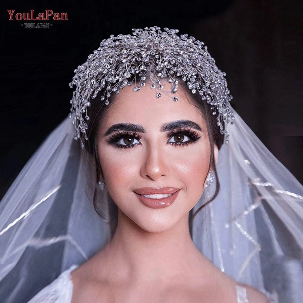 Silver Youlapan HP431 Handmade High Quality Bridal Hair Accessories Small Rhinestone Long Hair Pieces Wedding Beauty Silver Headpiece
