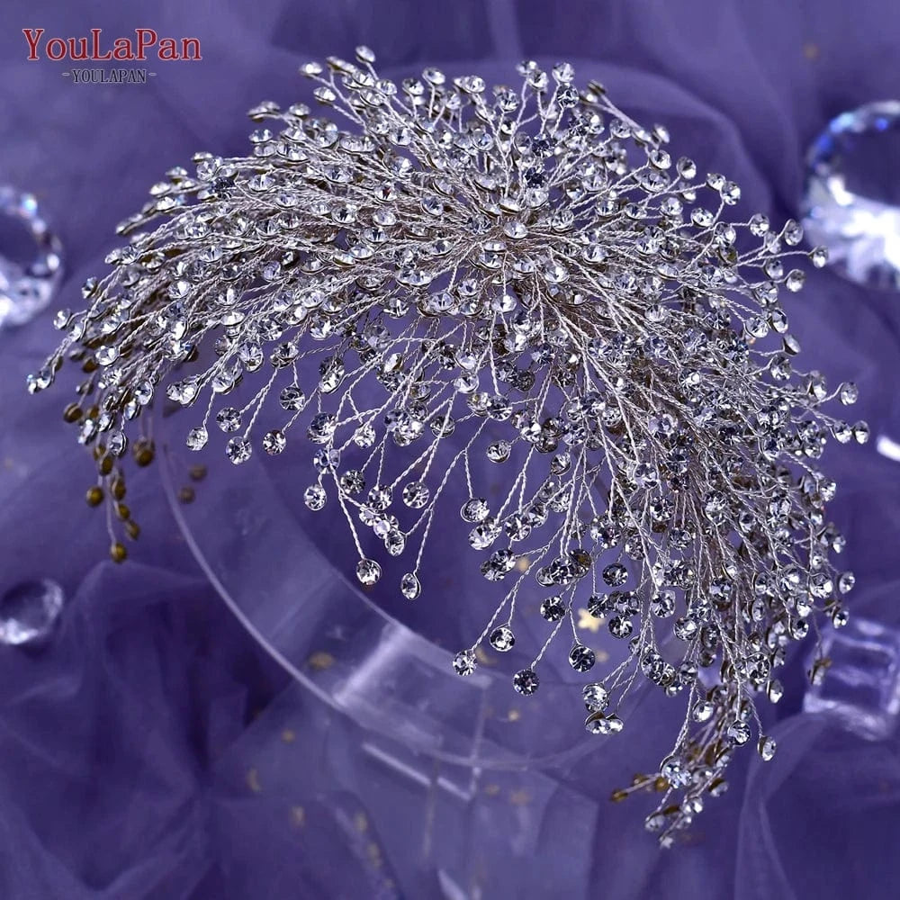 Silver Youlapan HP431 Handmade High Quality Bridal Hair Accessories Small Rhinestone Long Hair Pieces Wedding Beauty Silver Headpiece