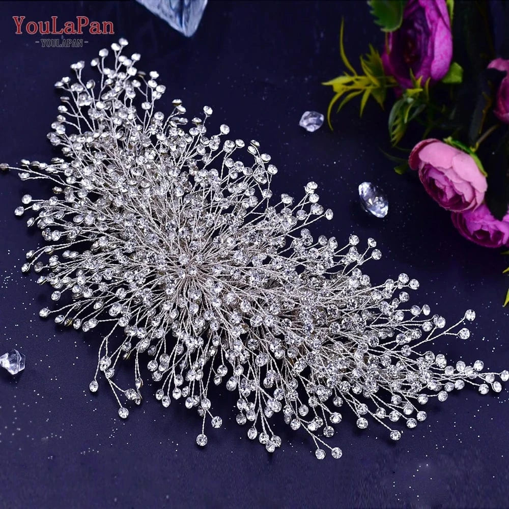 Silver Youlapan HP431 Handmade High Quality Bridal Hair Accessories Small Rhinestone Long Hair Pieces Wedding Beauty Silver Headpiece