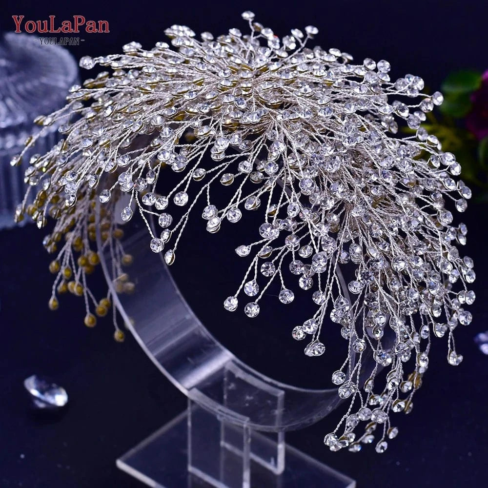 Silver Youlapan HP431 Handmade High Quality Bridal Hair Accessories Small Rhinestone Long Hair Pieces Wedding Beauty Silver Headpiece