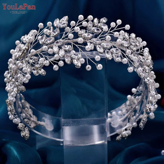 Silver YouLaPan HP446 Luxurious Rhinestone Pearl Headband Bridal Wedding Silver Jewelry Hair Accessories Women Pageant Headwear