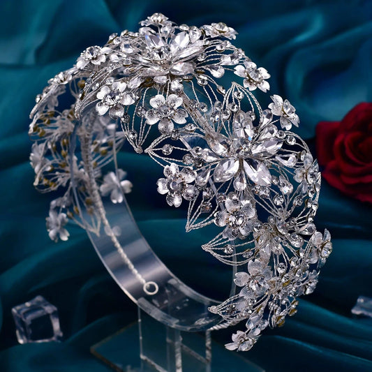 Silver YouLaPan HP459 2022 New Style Women Wedding Hair Accessories Silver Flower Rhinestones Headwear Pageant Bridal Big Headband