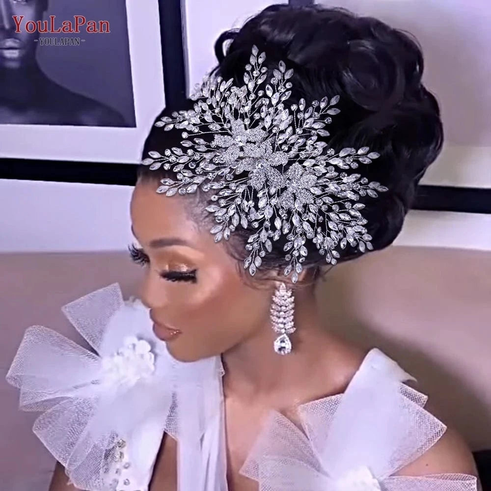 Silver YouLaPan HP462 Luxurious Woman Hair Piece Shiny Silver Rhinestone Handmade Hair Accessories Bridal Wedding Party Large Hair Com