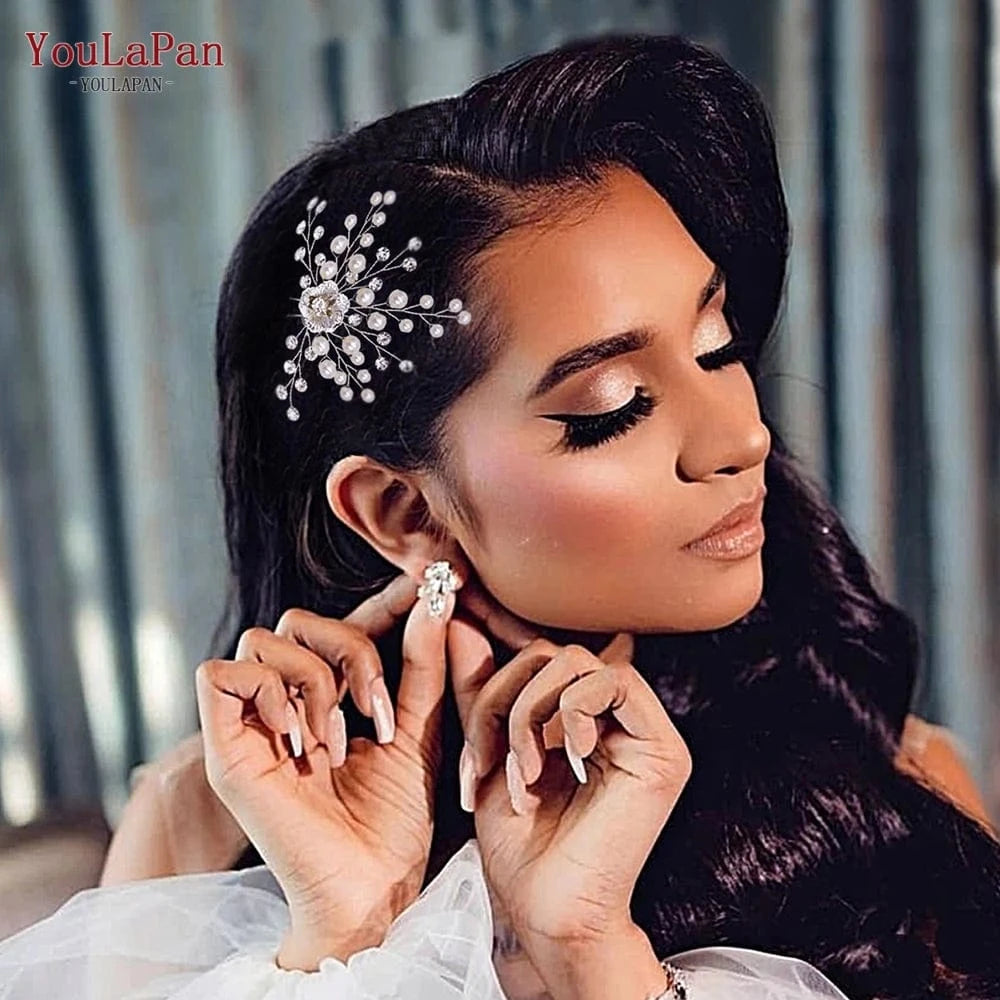 Silver YouLaPan HP503 New Women Hairpin Rhinestone Pearl Flower Bridal Hair Fork Wedding Silver Small Hair Accessories