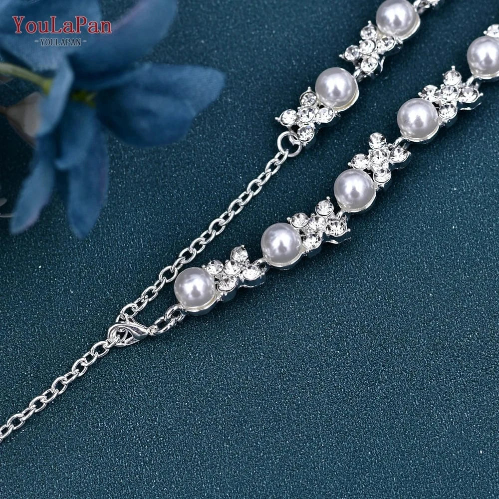 silver YouLaPan S47 Pop Pearl Alloy Flower Waist Chain Women Dress Waist Accessories Party Wedding Bridal Extender Chain Belt