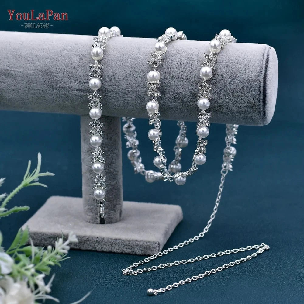 silver YouLaPan S47 Pop Pearl Alloy Flower Waist Chain Women Dress Waist Accessories Party Wedding Bridal Extender Chain Belt