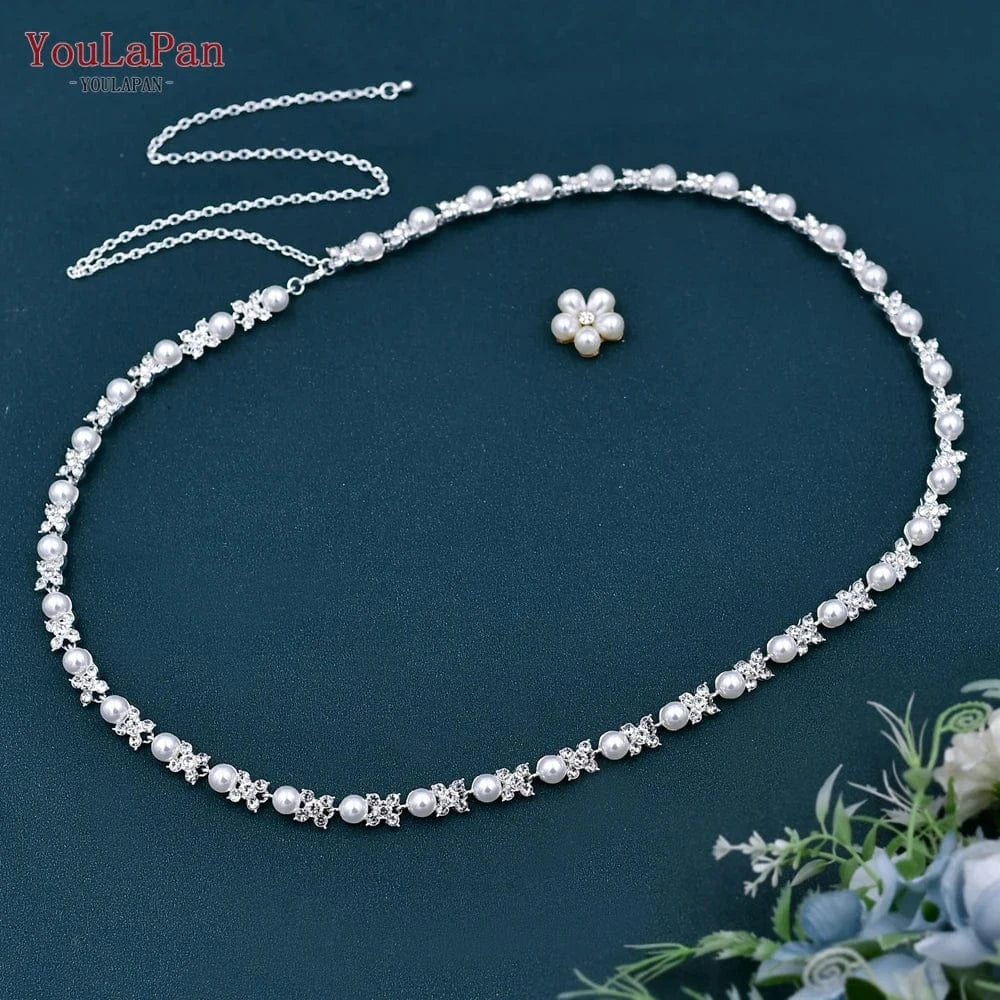 silver YouLaPan S47 Pop Pearl Alloy Flower Waist Chain Women Dress Waist Accessories Party Wedding Bridal Extender Chain Belt