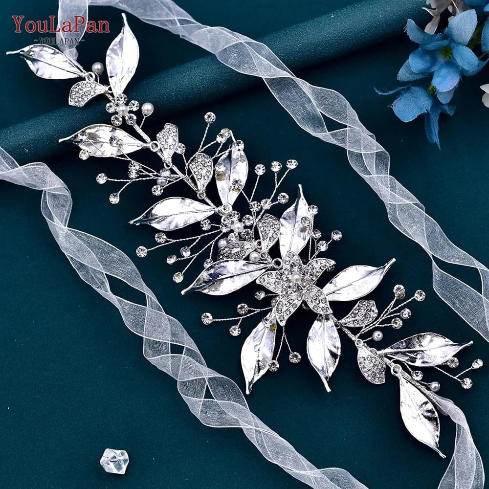 silver YouLaPan SH299 Wholesale Wedding Accessories Silver Leaf Rhinestone Woman Ribbon Belt Formal Clothing Wedding Sash