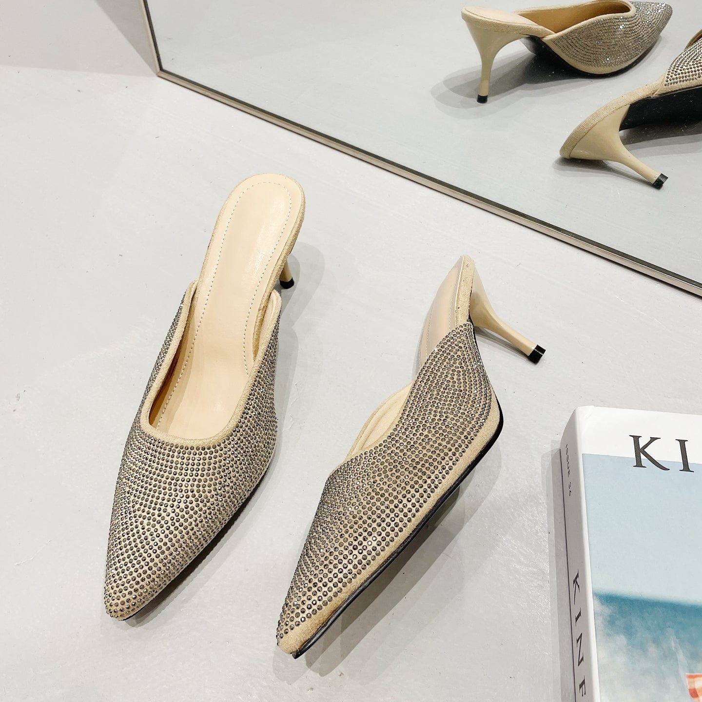 size 40=US size 9 / silver Rivet high-heeled Baotou personalized women's sandals 2023 autumn new stiletto pointed toe outer wear