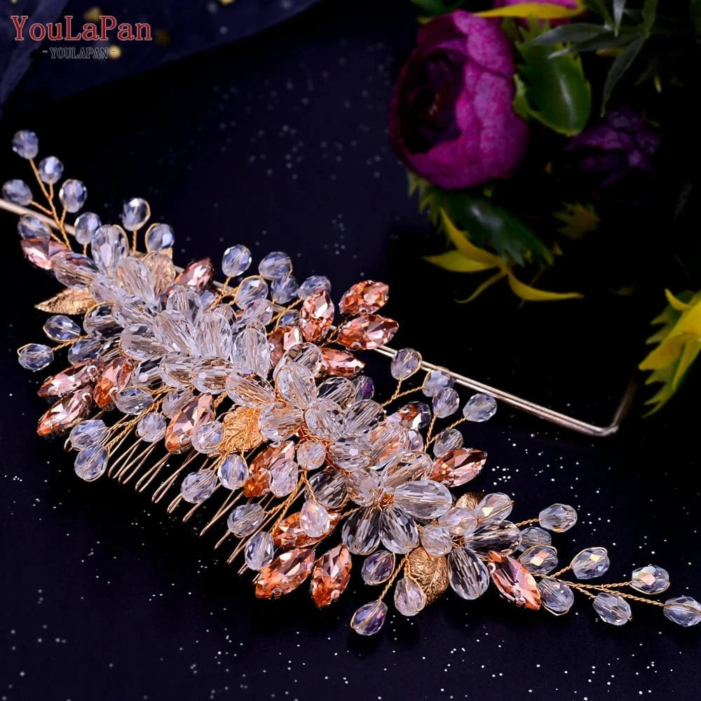 Skin Pink YouLaPan HP317 Hot Selling Bridal Hair Accessories Wholesale Bridal Women's Crystal Rhinestone Pink Purple Hair Comb