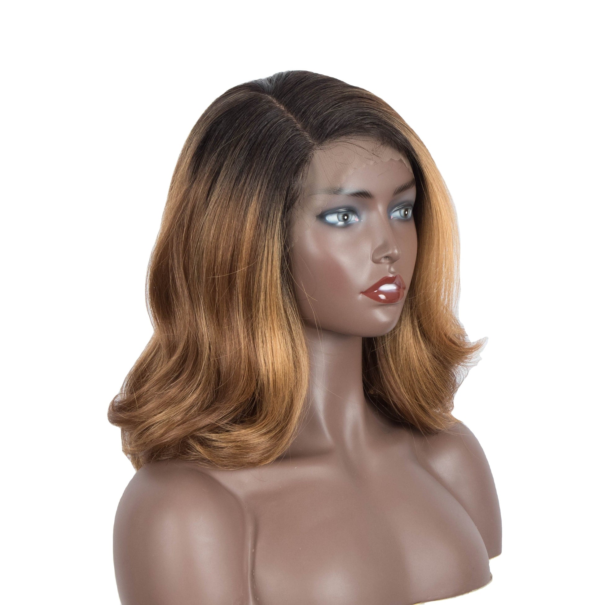 sleek wholesale Highlight brown blonde color medium natural super body wave length lace frontal wig synthetic hair wig for women