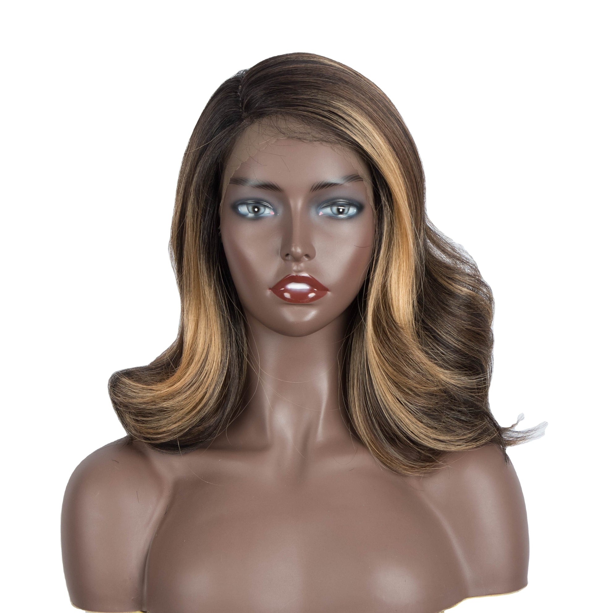 sleek wholesale Highlight brown blonde color medium natural super body wave length lace frontal wig synthetic hair wig for women