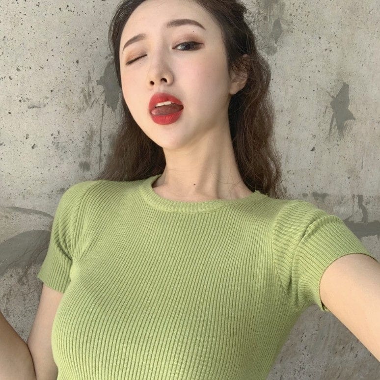 Slim Short Half-Sleeved T-Shirt Retro Knitted Green Short-Sleeved Women's Top Summer New Style
