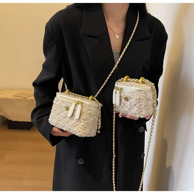 Small 12x7x10cm / 39328 White New Woolen Tweed Shoulder Bags for Women Camellia Fashion Chain Crossbody Bags Trend Handbags Phone Bag Top Handle Bucket Totes