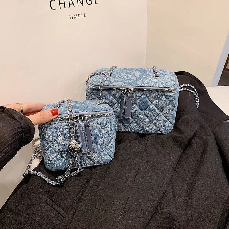 Small 12x7x10cm / 4430 Blue Casual Brand New Fashion Denim Women Bag Lady Handbags Shoulder Messenger Bag Camellia Jeans Box Clutch Luxury Women's Tote Bag
