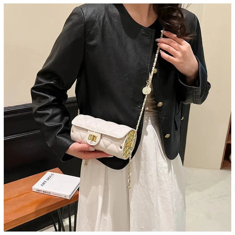 Small Barrel Shaped Shoulder Bag For Women 2023 Diamond Lattice Round Handbag Purse Casual Crossbody Bag Camellia Pu Leather Bag