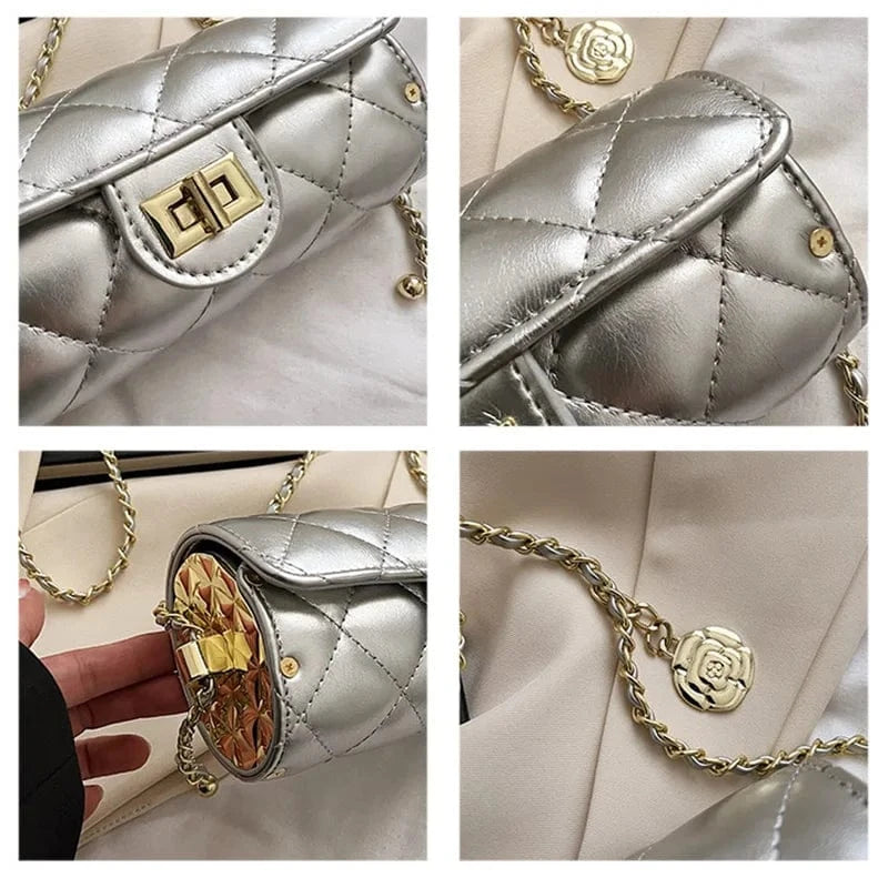Small Barrel Shaped Shoulder Bag For Women 2023 Diamond Lattice Round Handbag Purse Casual Crossbody Bag Camellia Pu Leather Bag