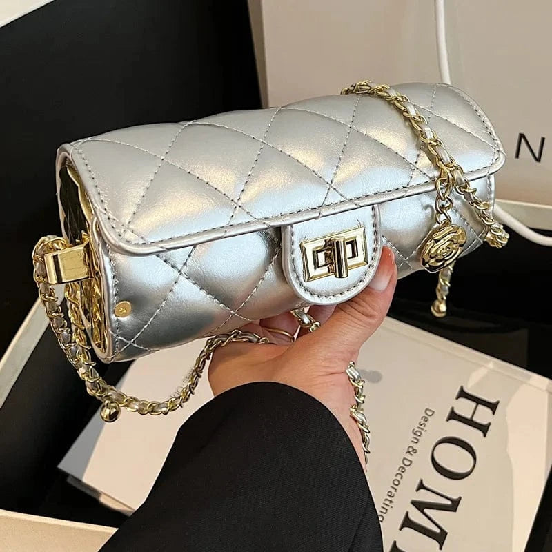 Small Barrel Shaped Shoulder Bag For Women 2023 Diamond Lattice Round Handbag Purse Casual Crossbody Bag Camellia Pu Leather Bag