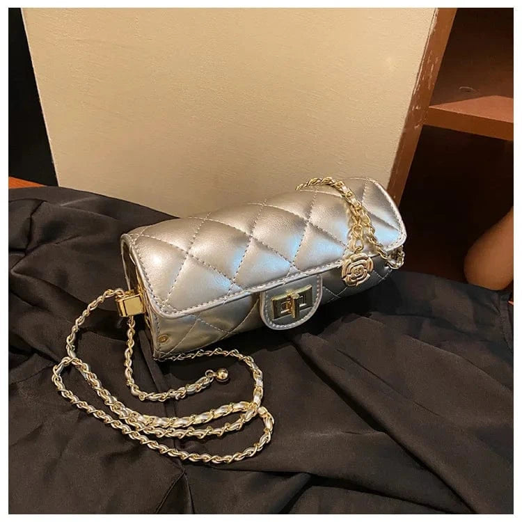 Small Barrel Shaped Shoulder Bag For Women 2023 Diamond Lattice Round Handbag Purse Casual Crossbody Bag Camellia Pu Leather Bag