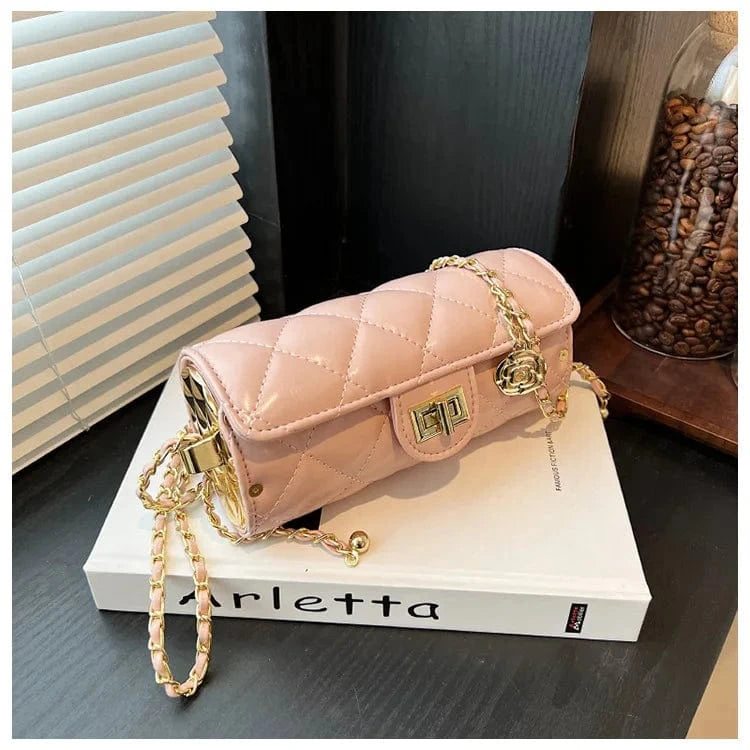 Small Barrel Shaped Shoulder Bag For Women 2023 Diamond Lattice Round Handbag Purse Casual Crossbody Bag Camellia Pu Leather Bag