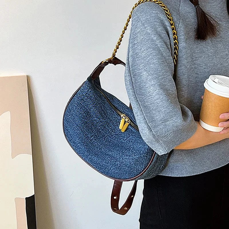 Small Hobos Women Shoulder Bags Denim Leather Underarm Handbags Luxury Crescent Clutches Designed Soft Hobo Purse for Female