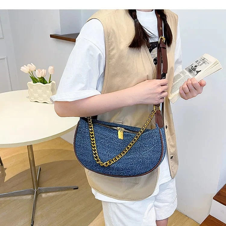 Small Hobos Women Shoulder Bags Denim Leather Underarm Handbags Luxury Crescent Clutches Designed Soft Hobo Purse for Female
